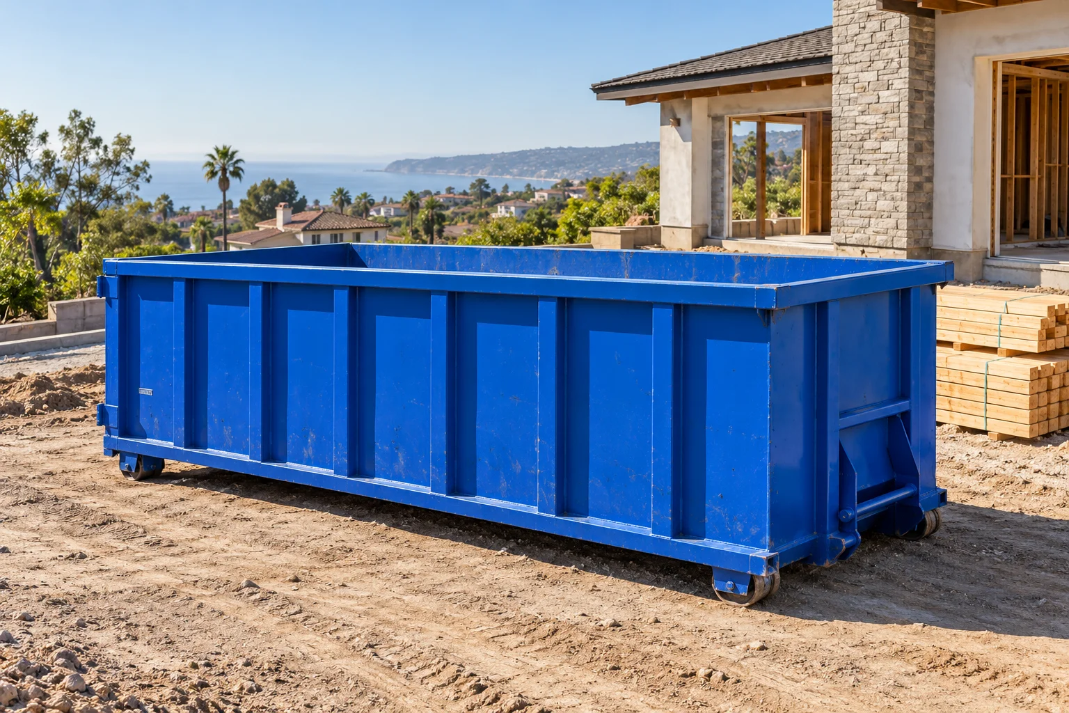Illustrative 20 yard blue roll-off dumpster