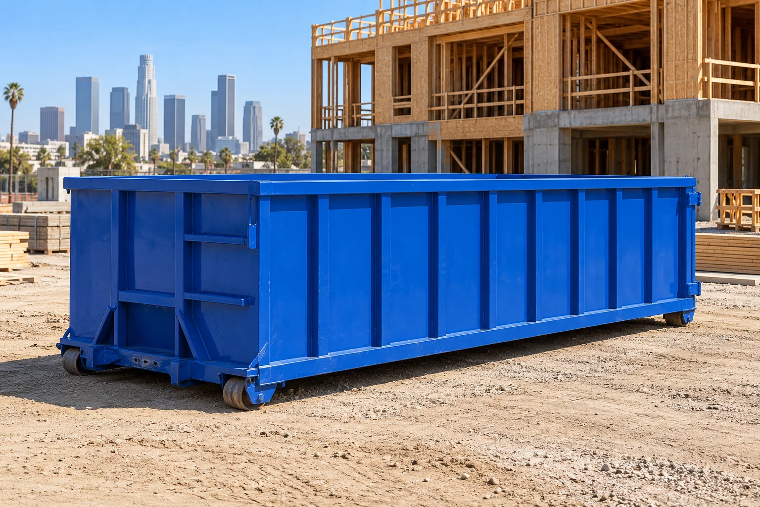 Illustrative 30 yard blue roll-off dumpster